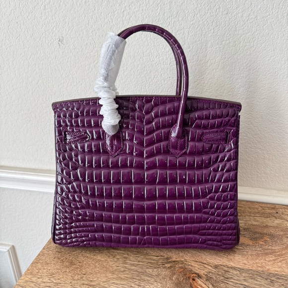 LEATHER INSIDE & OUT Purple Arch Bead 30 BK High Gloss Croc 3D Emboss Satchel B1 - Picture 13 of 16